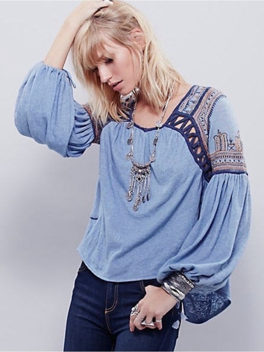 Free People Snow Kisses Embroidered Top Blue